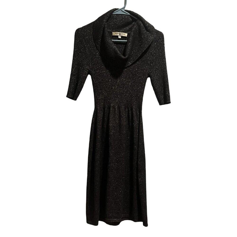 Evan Picone Sweater Dress Womens Small Black Short Sleeve Knee Length Cowl Neck
